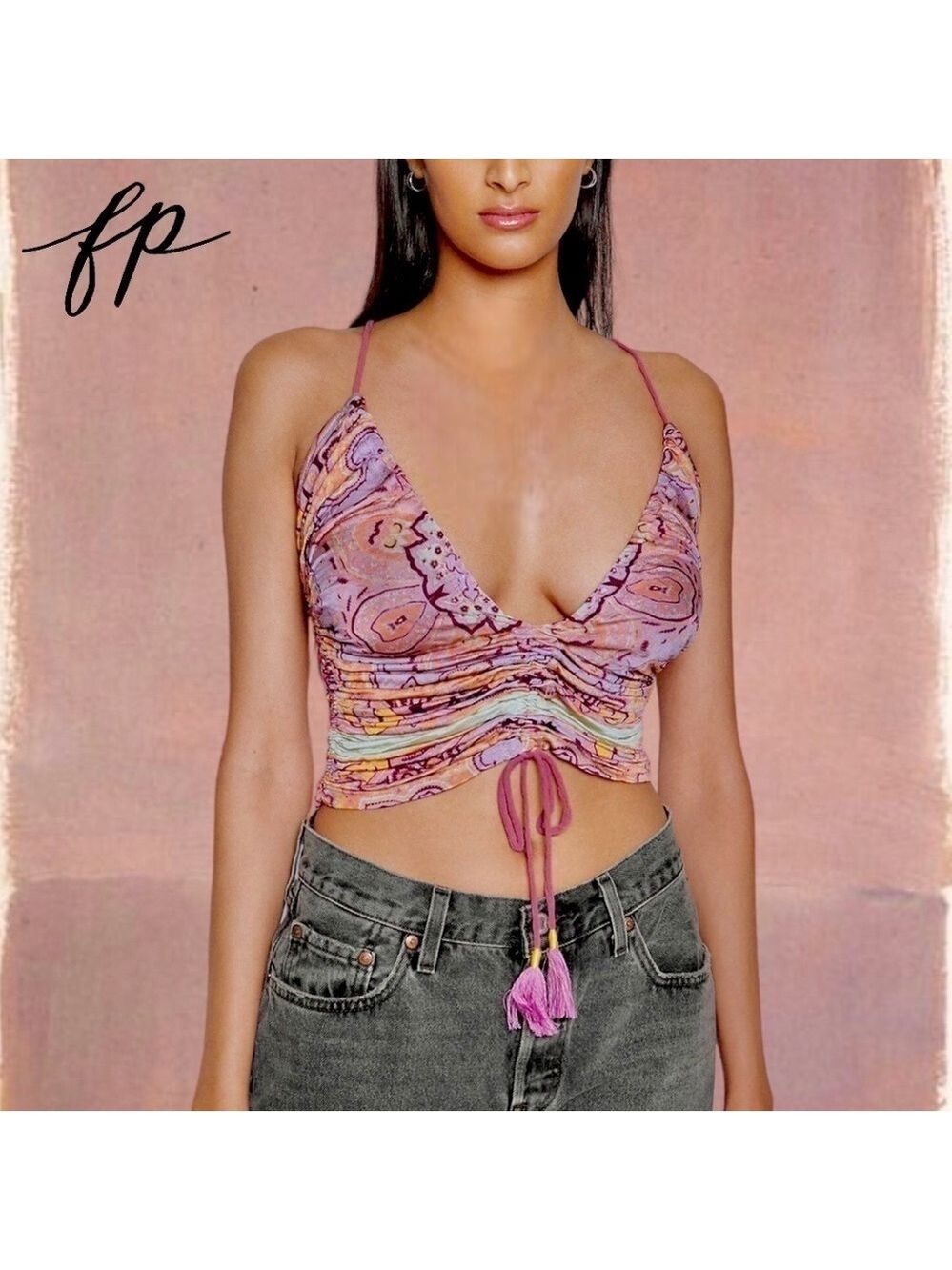 FREE PEOPLE Cocktail Queen Ruched-Front-Drawstring Tank Top NWT/LG - Picture 3 of 13